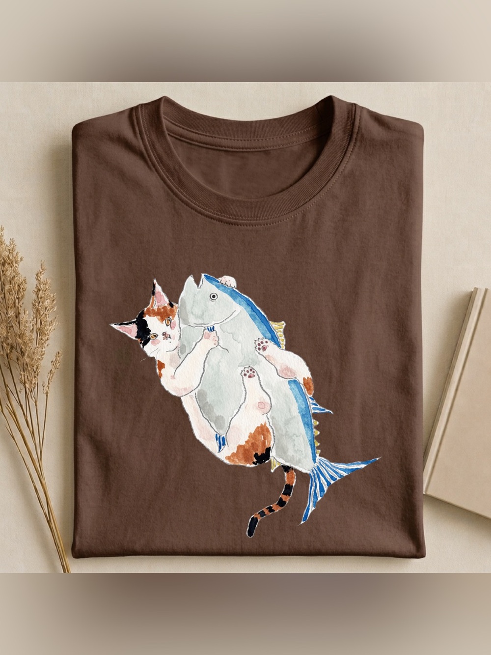 Dark Brown Cute Cat & Fish Graphic Tee, Vintage Casual Style, Gildan Shirt